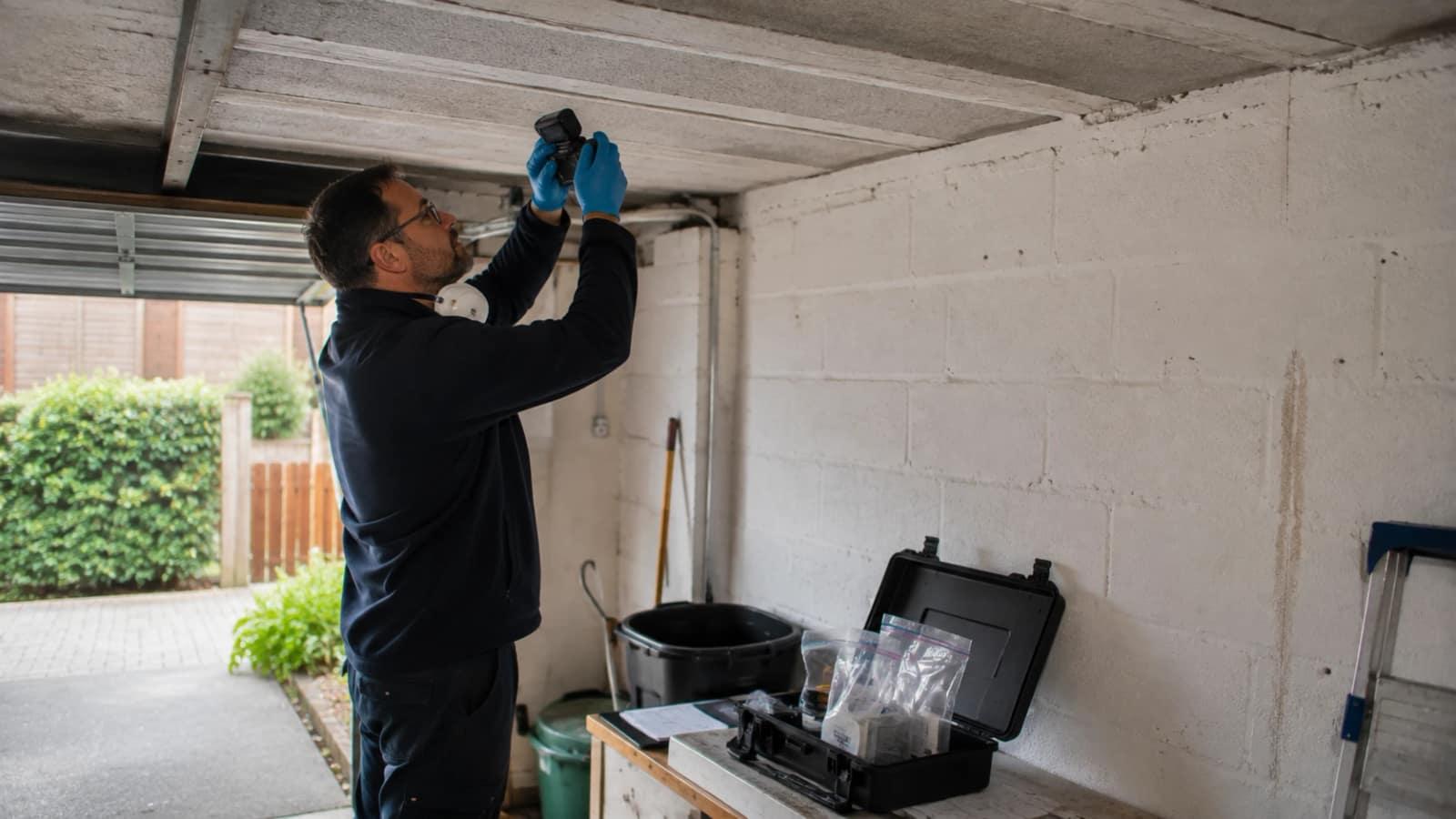 Asbestos surveyor photographing a garage ceiling with sample bags in an open kit case