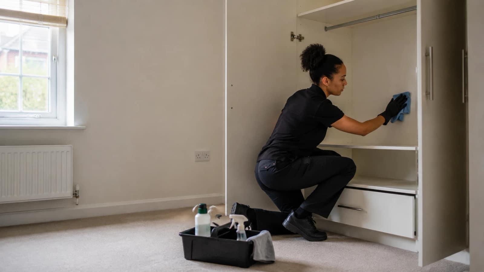 Professional cleaner wiping the inside of an empty built-in wardrobe in a moved-out bedroom