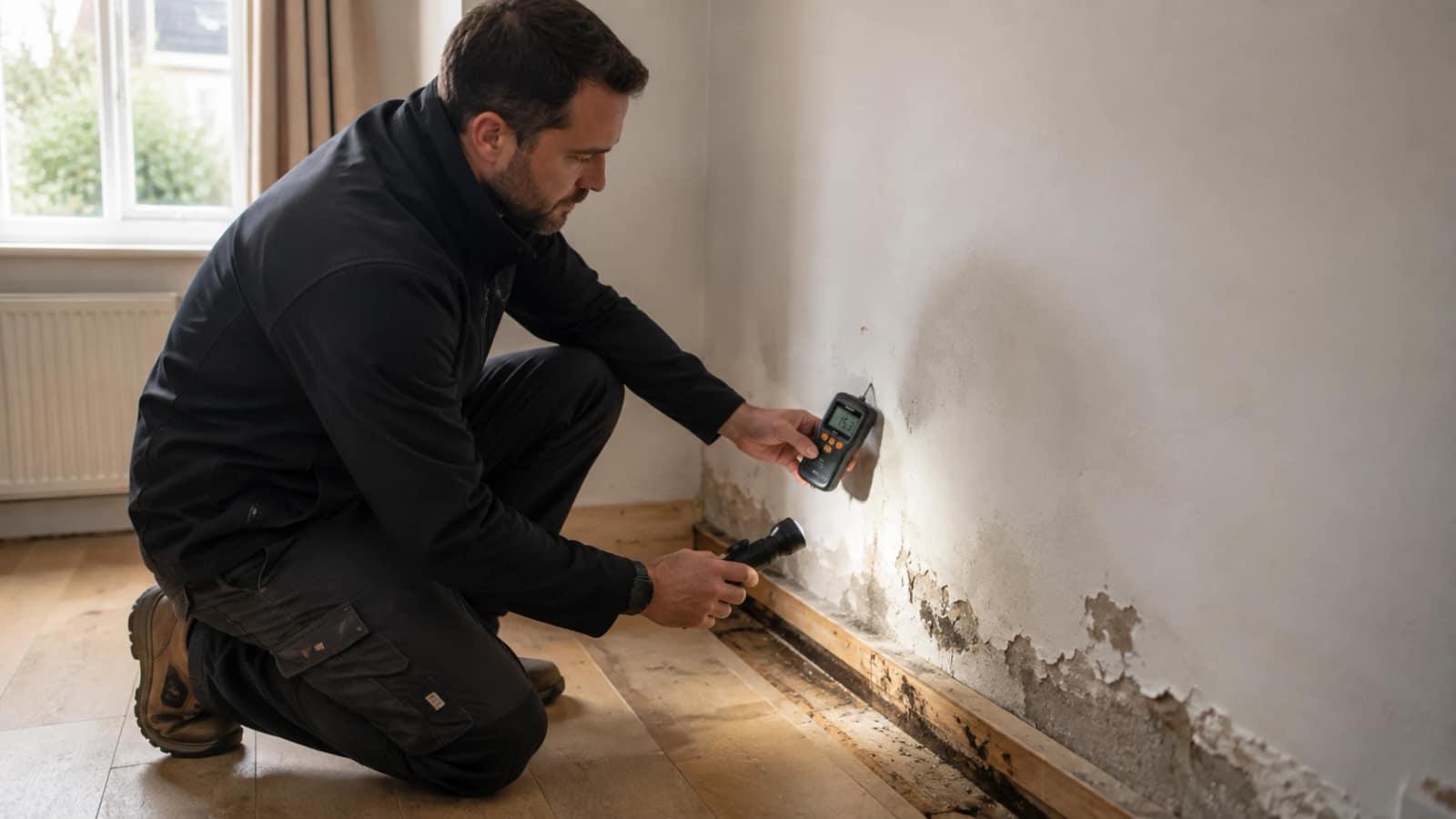 Damp surveyor testing a wall with a moisture meter beside blown plaster at the skirting