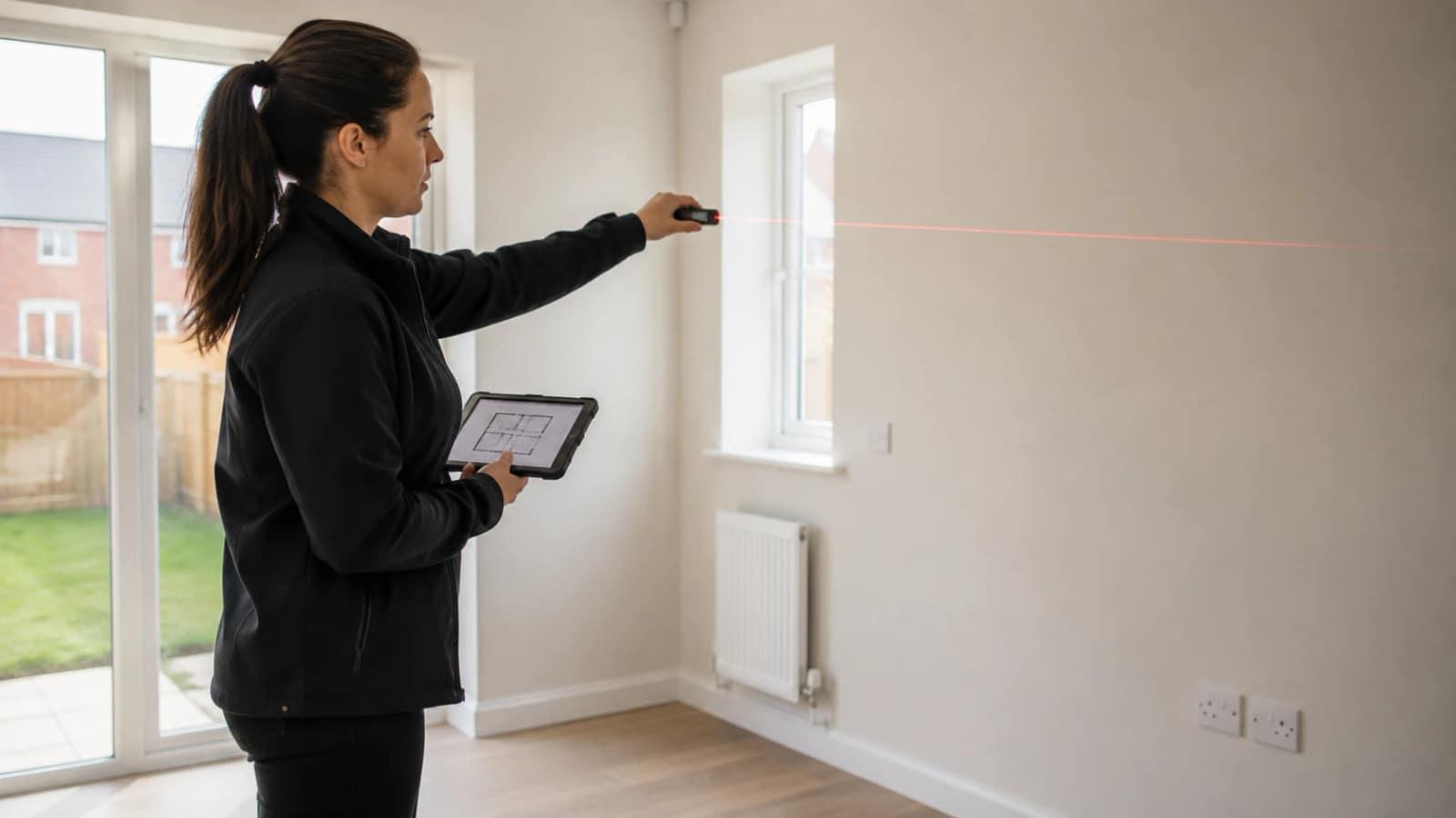 RICS valuer taking a laser measurement in the living room of a modern home