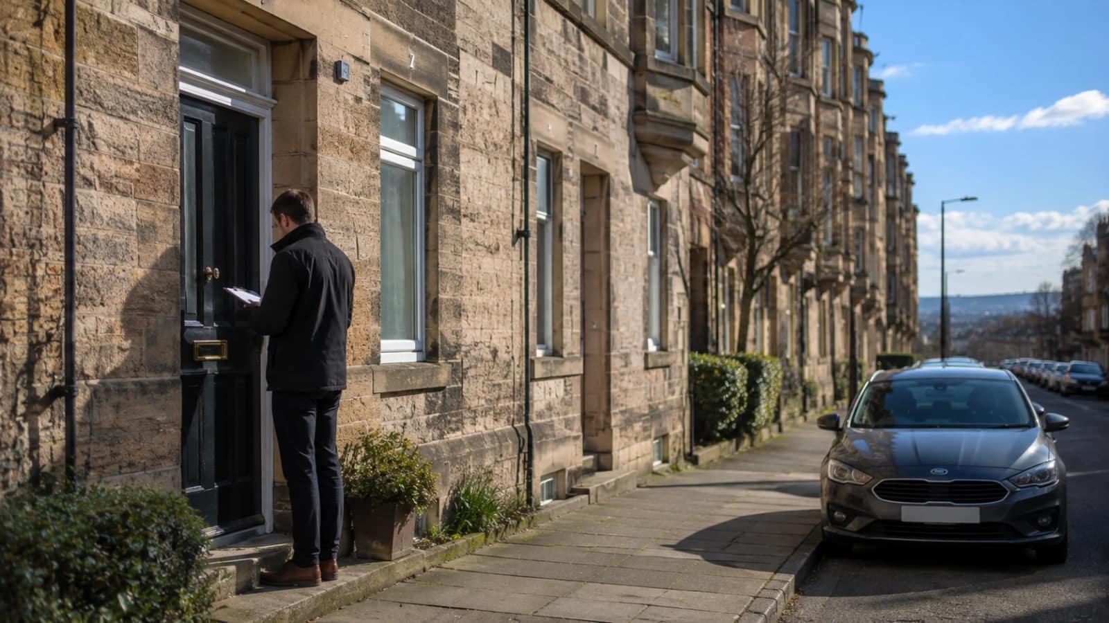 Surveyor at the door of a stone tenement on a Scottish street