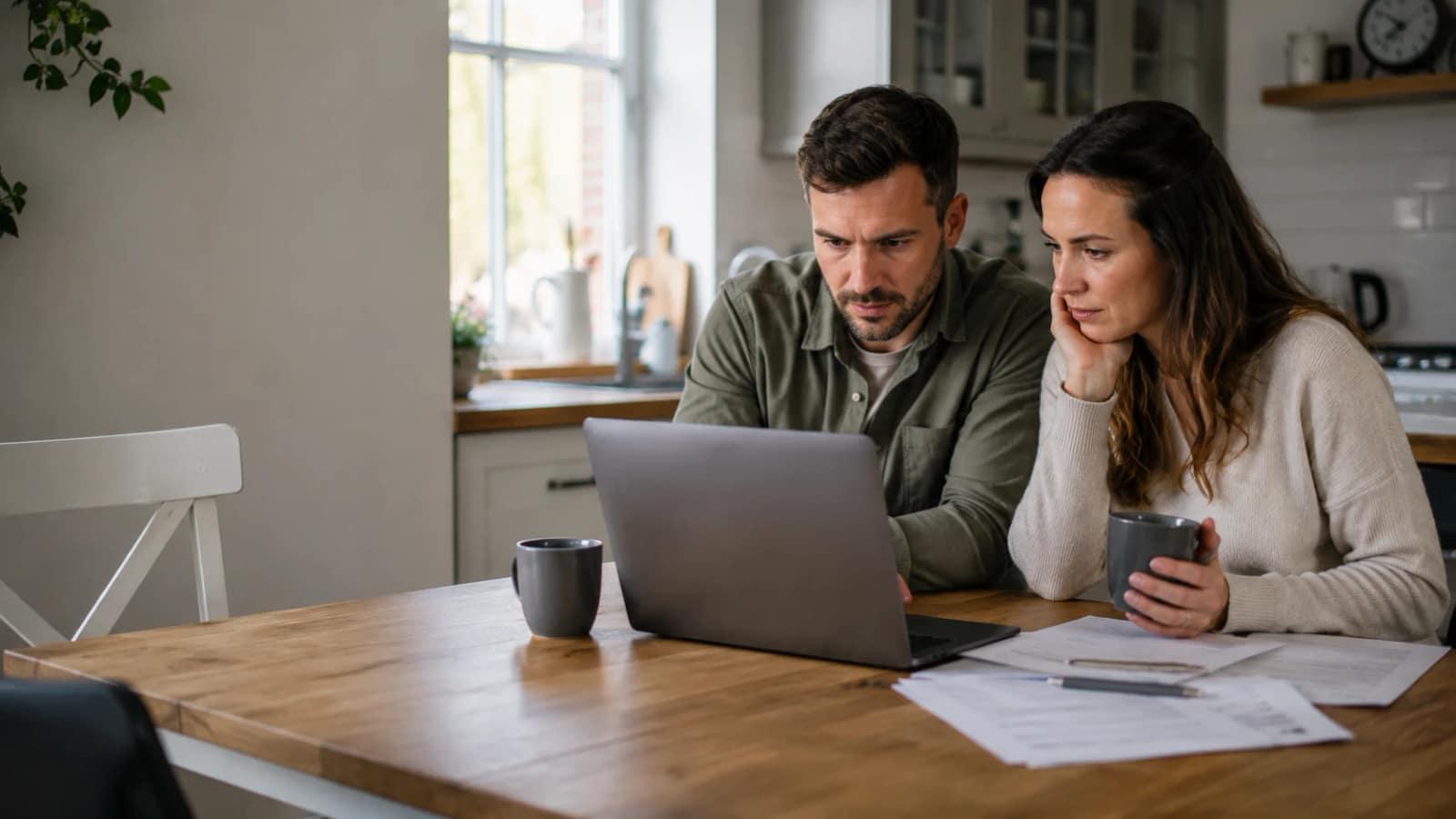 Couple at their kitchen table reviewing mortgage options on a laptop