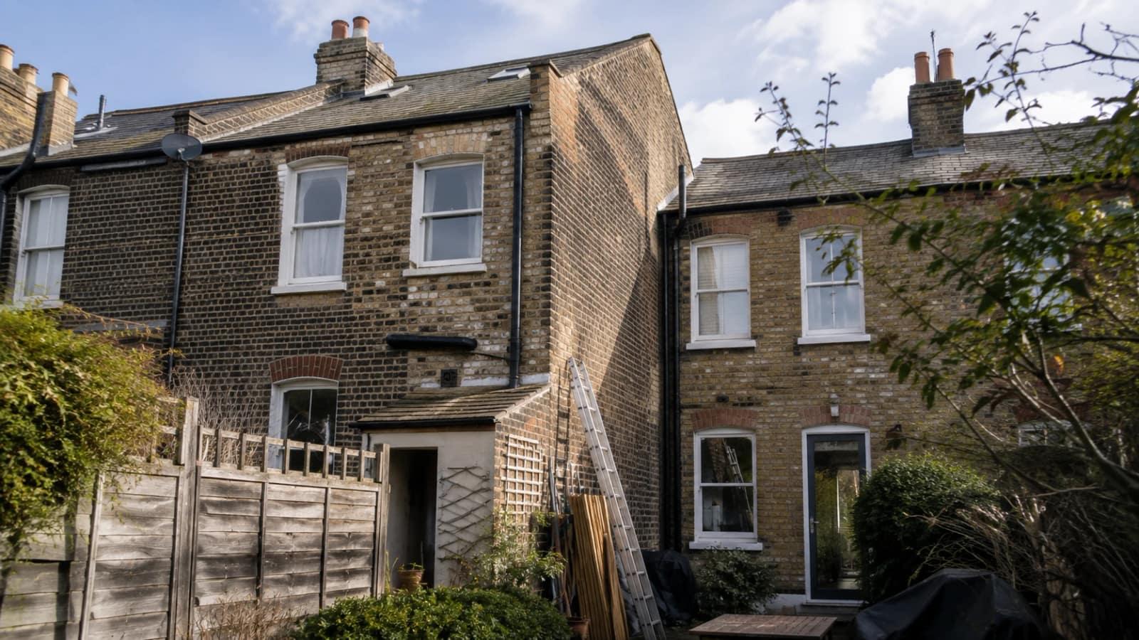 Rear of two terraced houses sharing a party wall, with a ladder and building materials in the garden