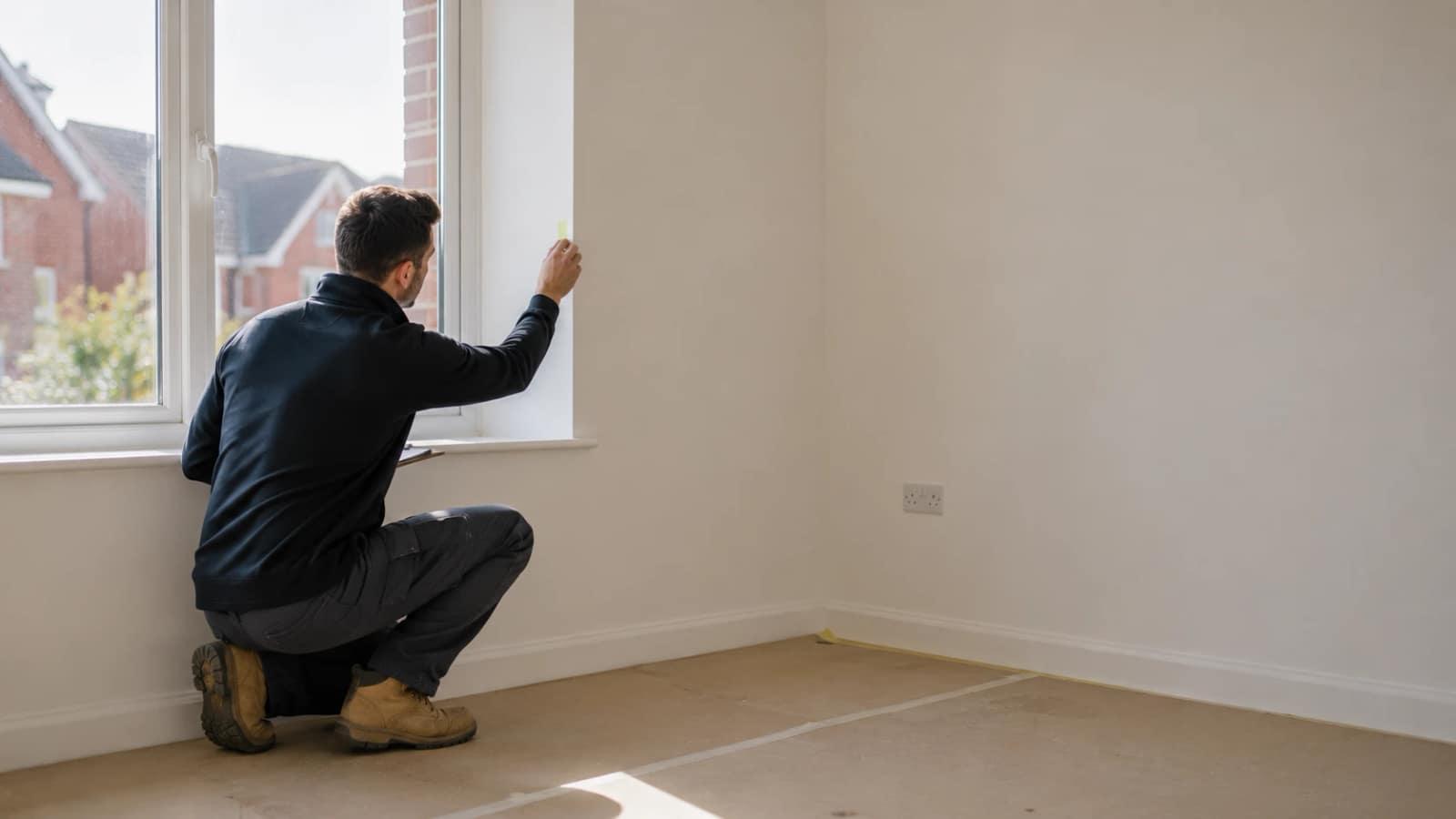 Snagging inspector marking a defect beside the window of an empty new-build room