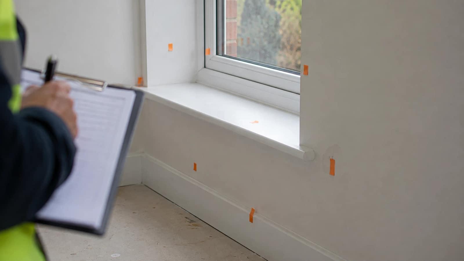 Inspector's snag list beside tape markers around a new-build window and skirting