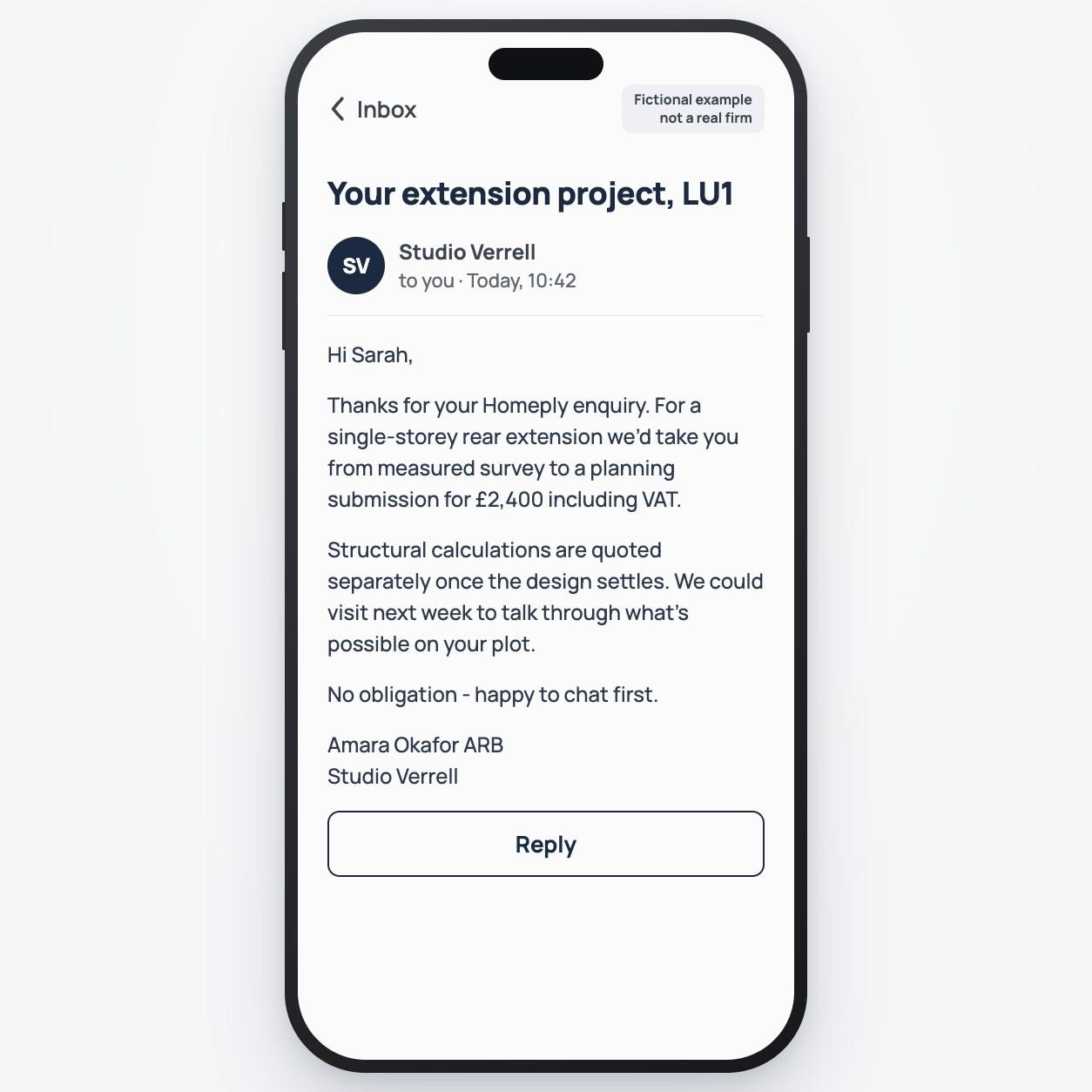 Example Homeply screen: an email from a fictional matched architect quoting design to planning submission for an extension
