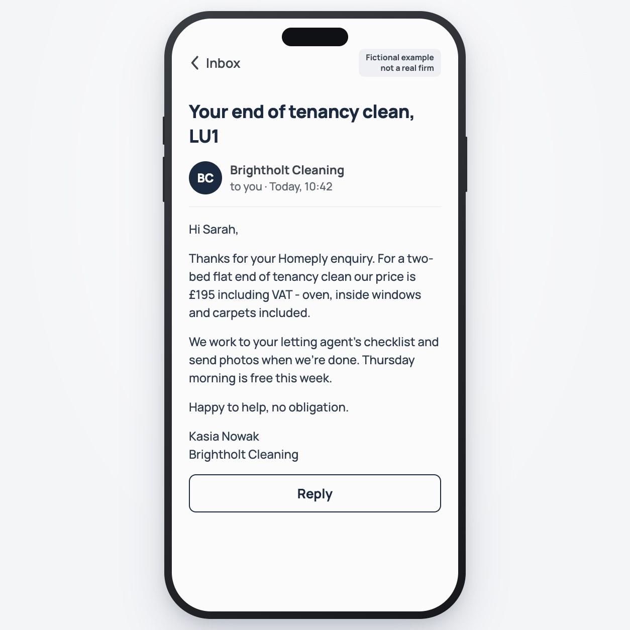 Example Homeply screen: an email from a fictional matched cleaning business with an end of tenancy quote worked to the letting agent's checklist