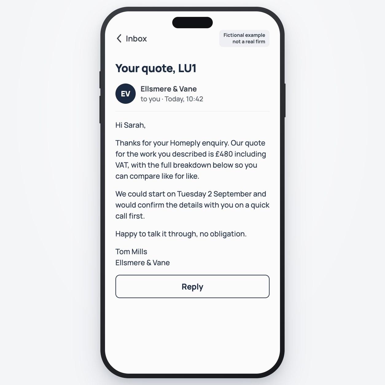 Example Homeply screen: an email from a matched professional with a quote including VAT and a full breakdown to compare like for like