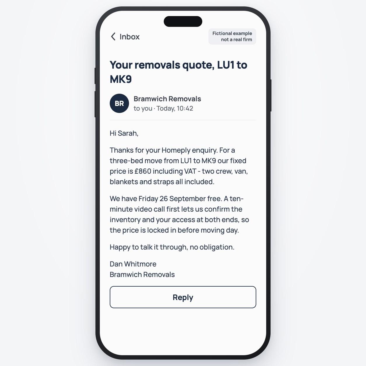 Example Homeply screen: an email from a fictional matched removals firm with a fixed quote including VAT, a moving date and a video inventory check