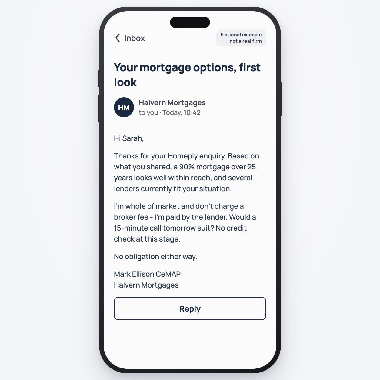 Example Homeply screen: an email from a fictional matched whole-of-market mortgage broker outlining lender options, with no broker fee and no credit check at this stage