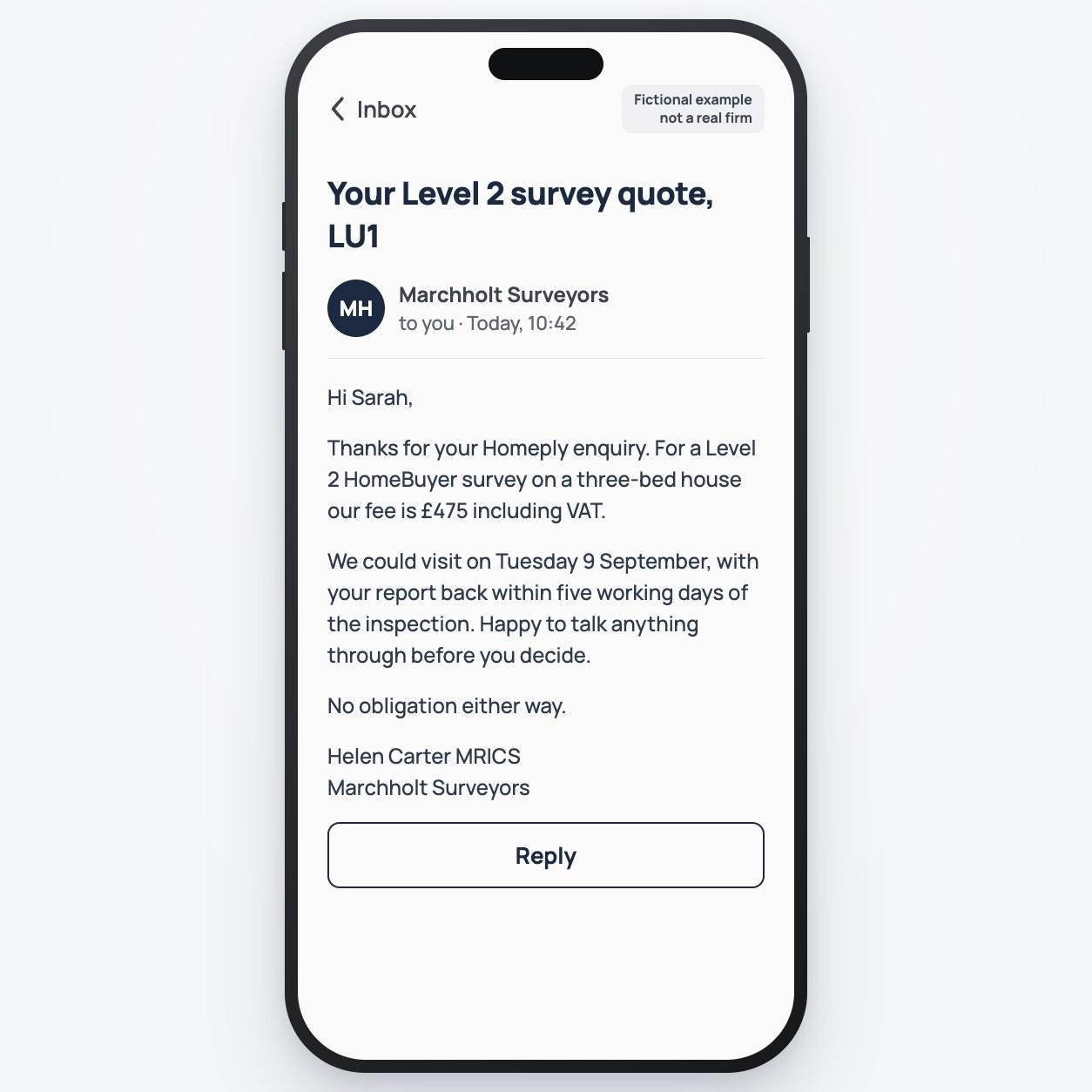 Example Homeply screen: an email from a fictional matched surveyor with their quote, visit date and report timescale