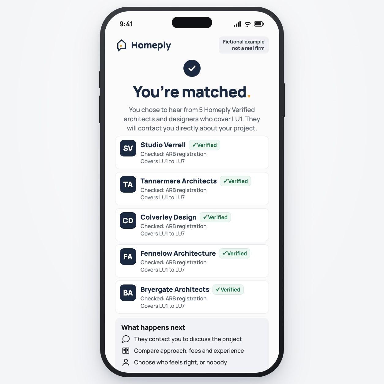 Example Homeply screen: You're matched, listing five fictional Homeply Verified architects and designers with their ARB checks