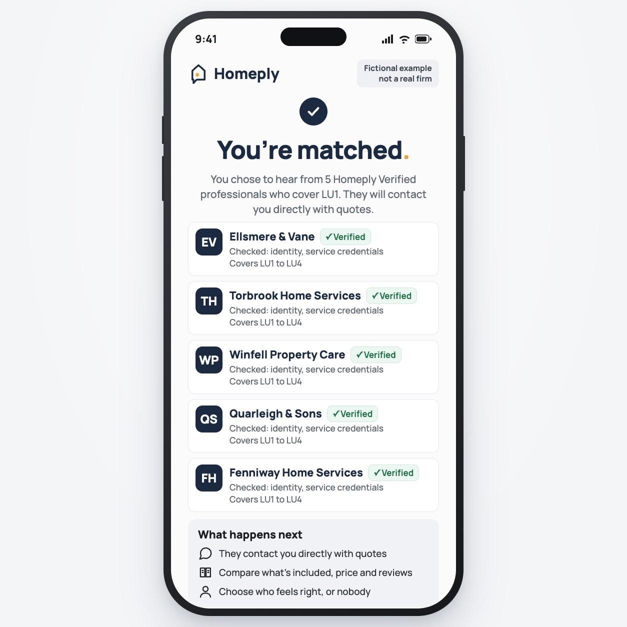 Example Homeply screen: You're matched, listing five Homeply Verified professionals with what was checked and the area they cover