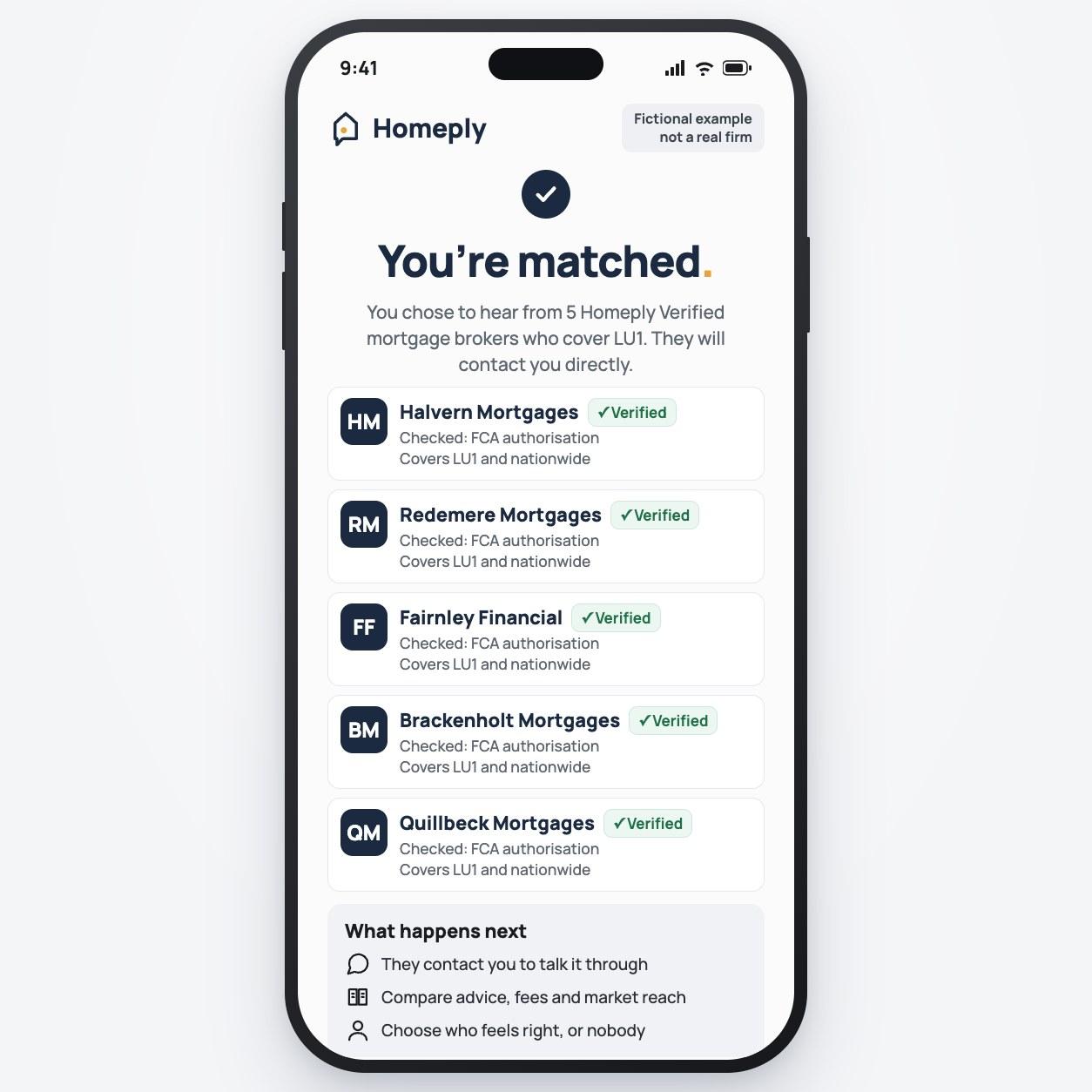 Example Homeply screen: You're matched, listing five fictional Homeply Verified mortgage brokers with their FCA checks