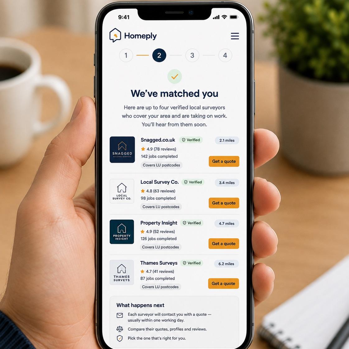 Phone showing a Homeply shortlist of four verified matched professionals
