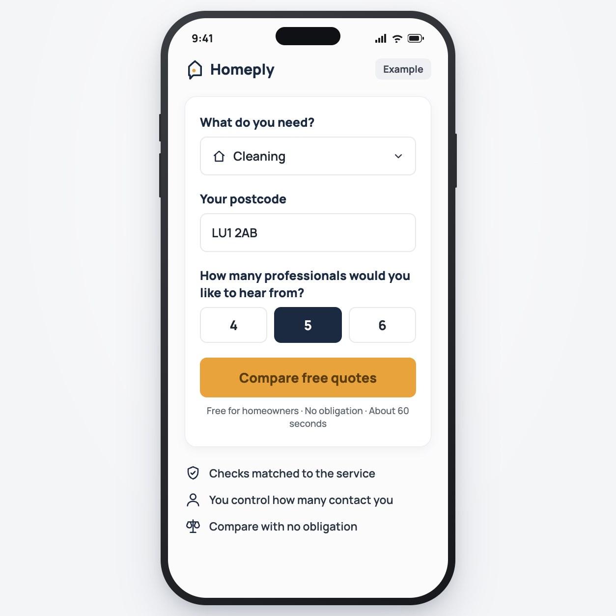 Example Homeply screen: the quote form with Cleaning selected, a postcode and how many professionals you want to hear from