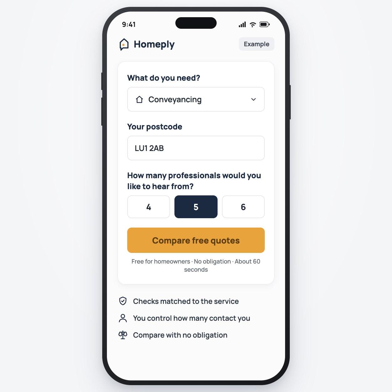 Example Homeply screen: the quote form with Conveyancing selected, a postcode and how many firms you want to hear from