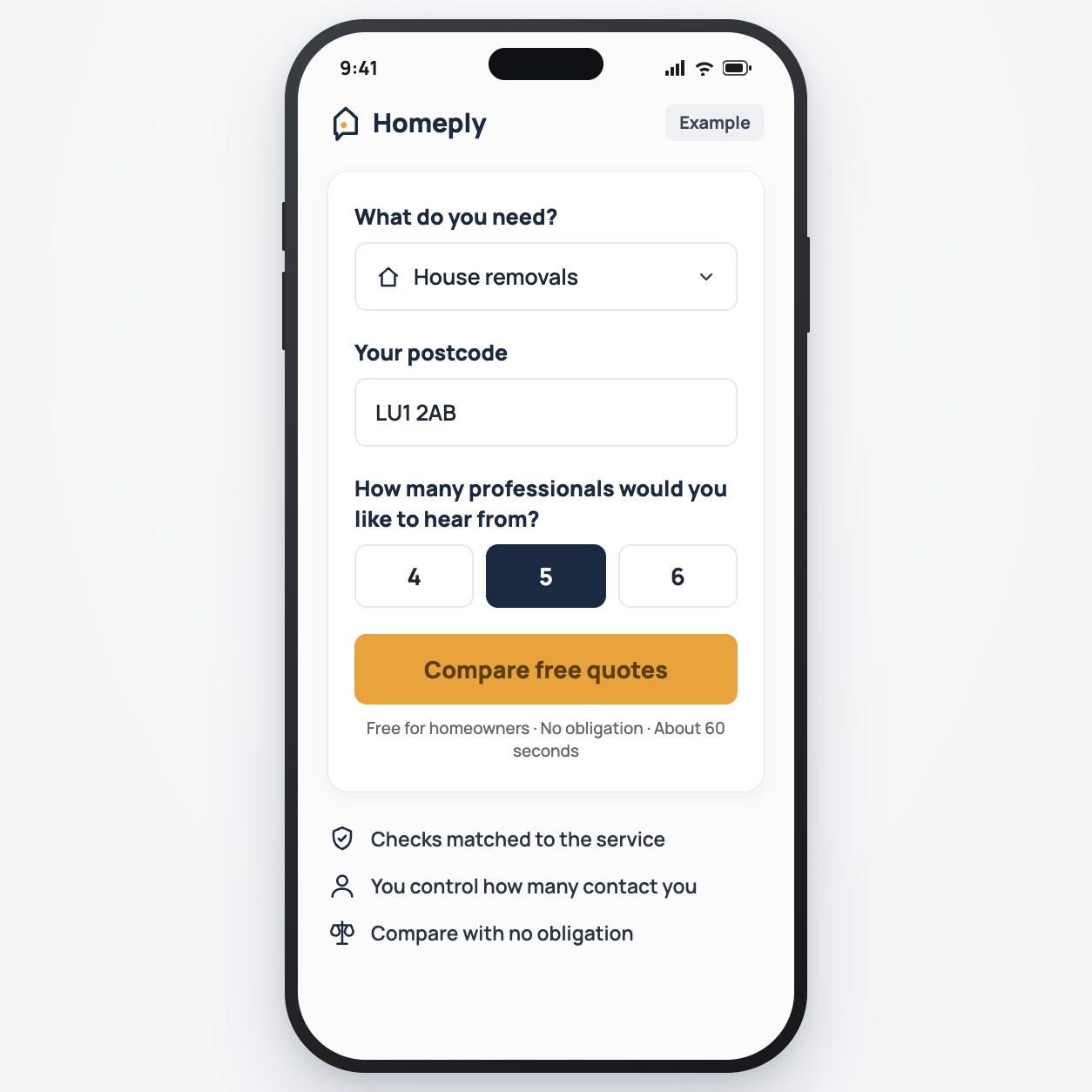 Example Homeply screen: the quote form with House removals selected, a postcode and how many firms you want to hear from
