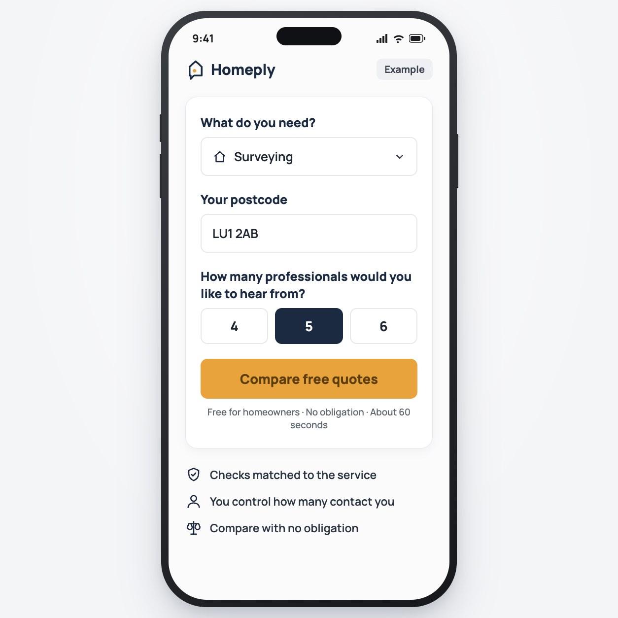 Example Homeply screen: choose a service, enter your postcode and pick how many professionals you want to hear from