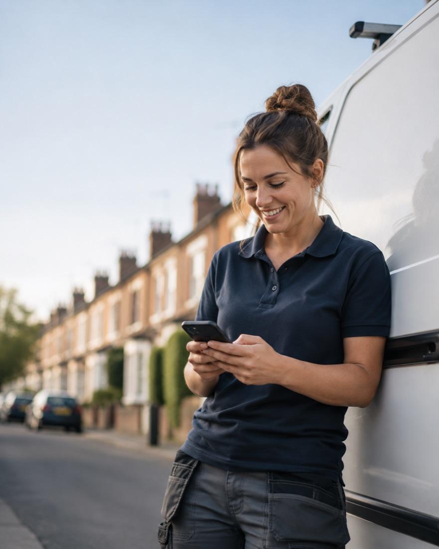 Homeply partner reading a new enquiry on her phone beside her van