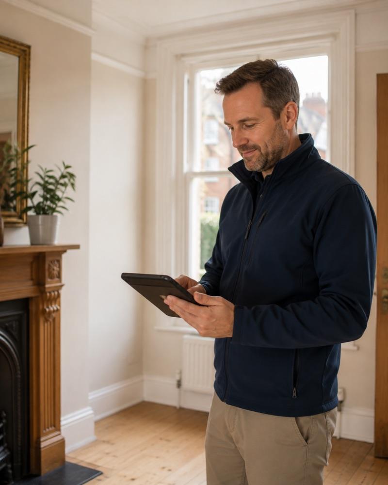 Verified surveyor reviewing a job on his tablet inside a period home