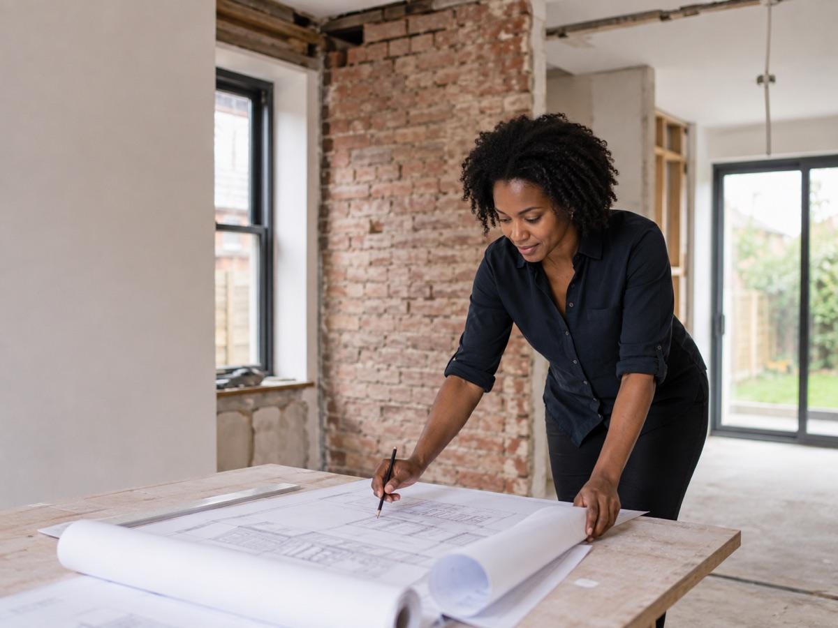 Architect reviewing extension drawings in a half-renovated room