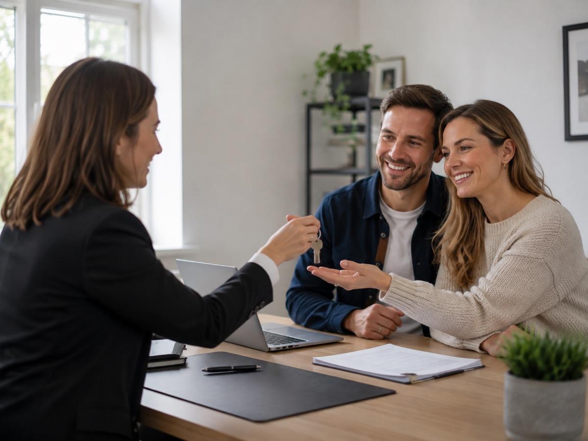 Conveyancer handing keys to buyers across a desk