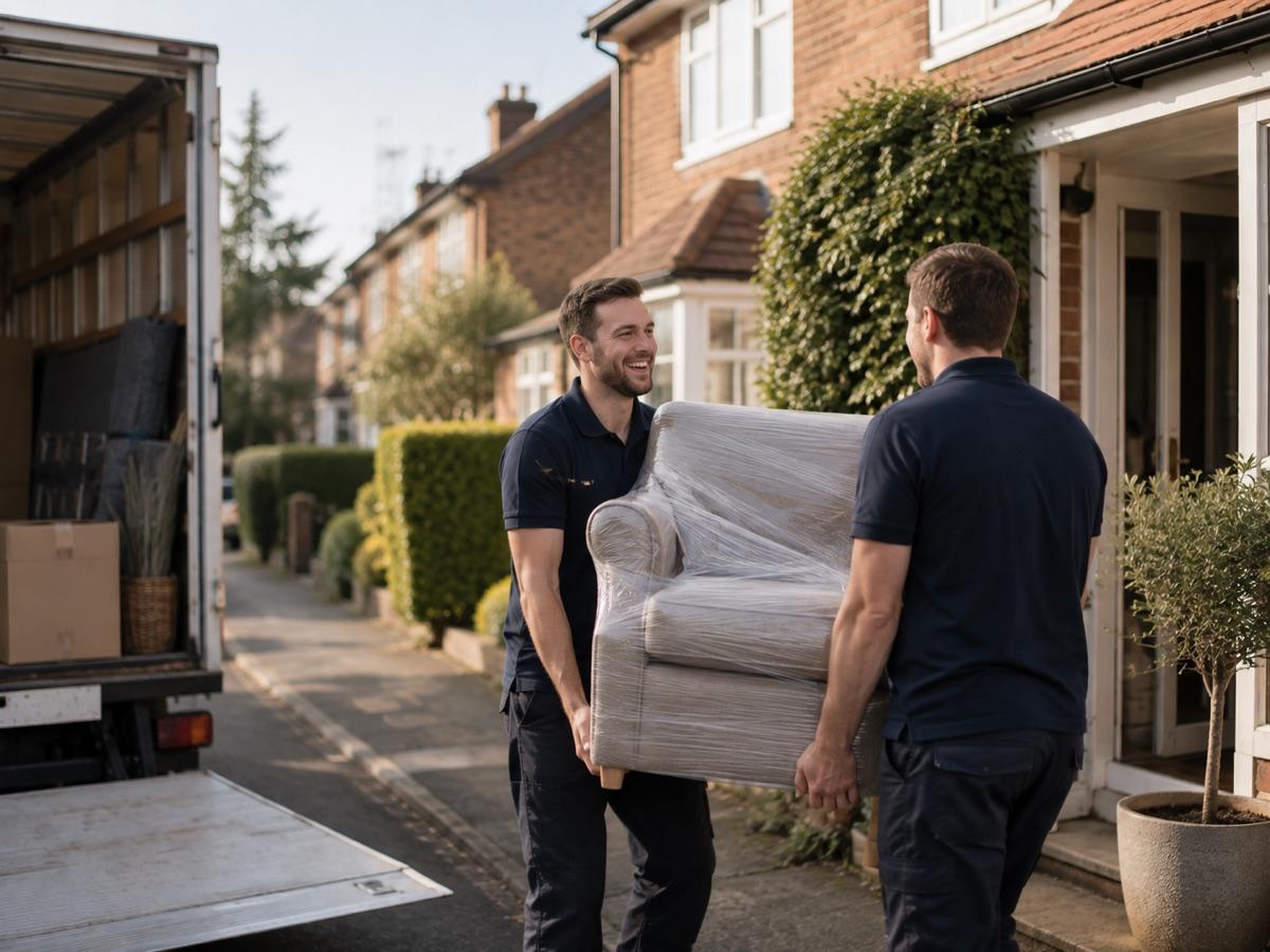 Removals team carrying a wrapped armchair to the van