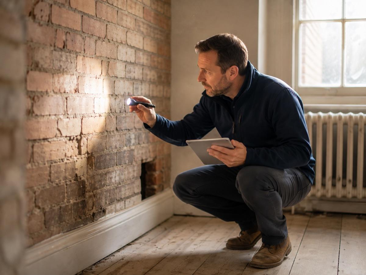 Surveyor inspecting brickwork inside a period property
