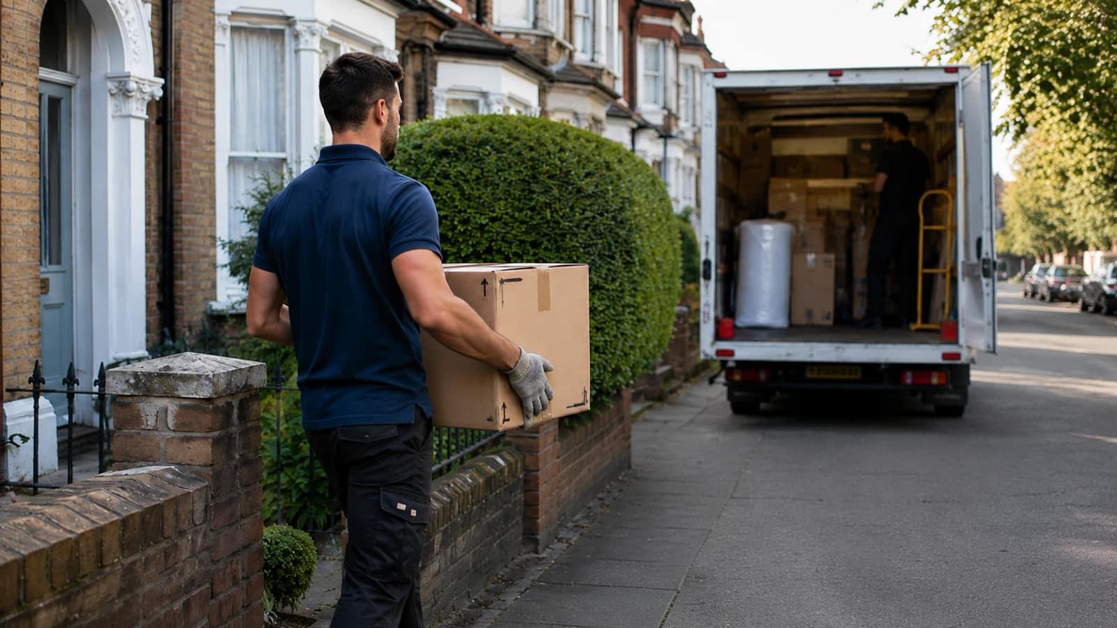 Removals crew member carrying a box down a terraced street towards an open removals van