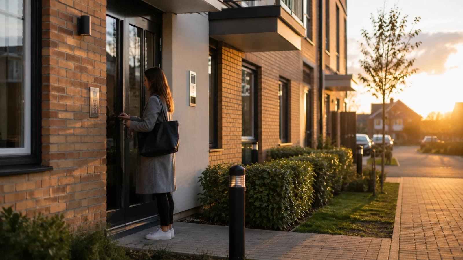 Resident at the communal door of a modern apartment building in evening light