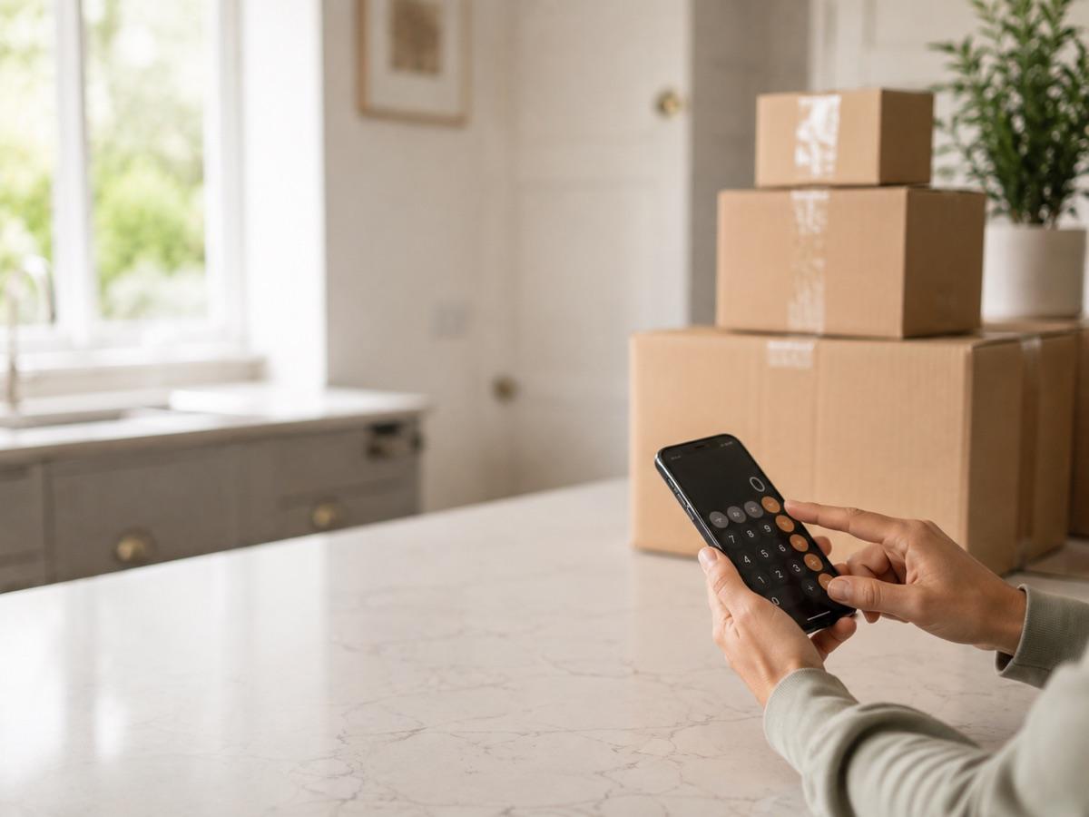 Working out moving costs on a phone beside packed boxes